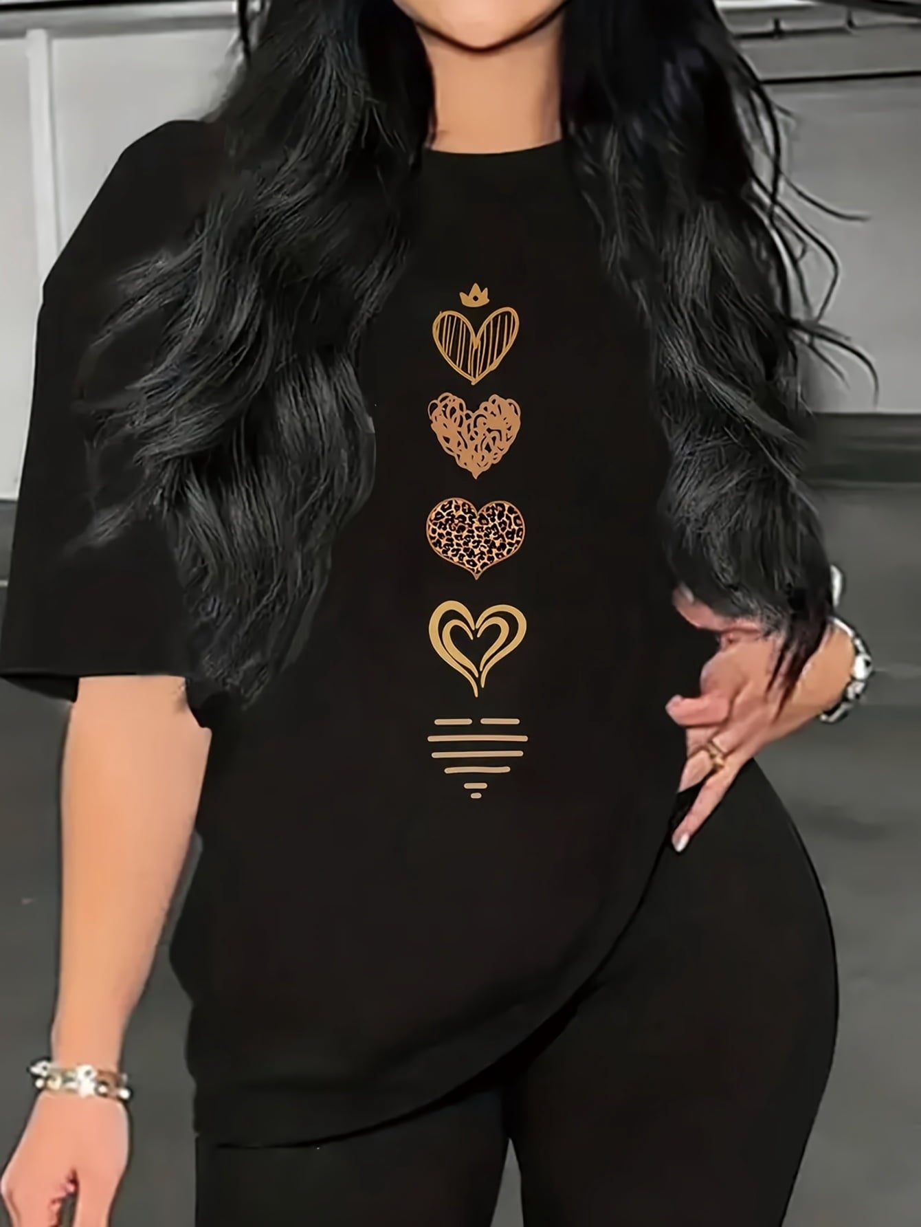 Women'S Casual Short Sleeve T-Shirt with Heart Design - Round Neck, Black, Lightweight Polyester, Heart Graphic Tee