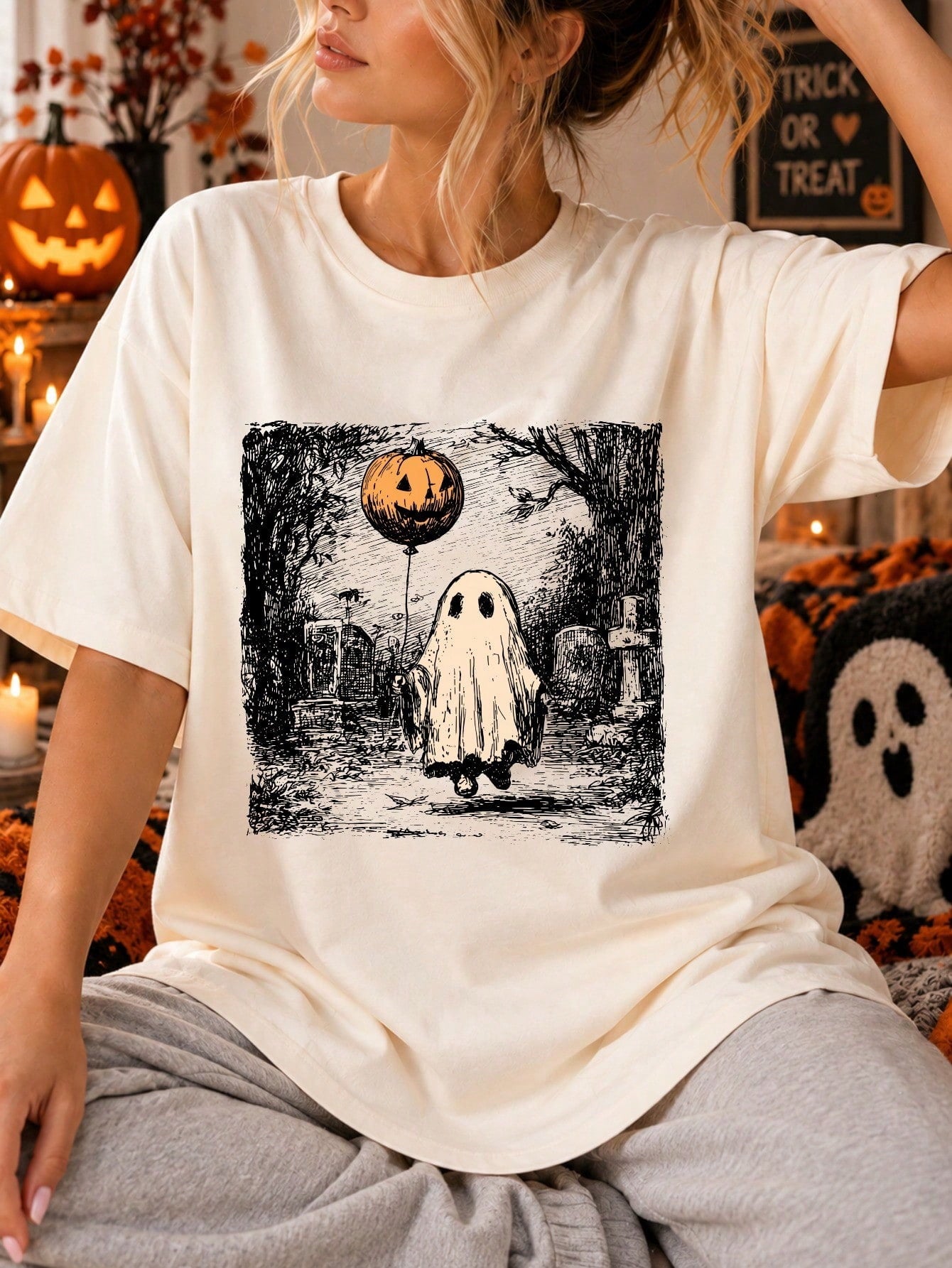Women'S Crew Neck T-Shirt Halloween Ghost Pumpkin Print Casual Streetwear Tee
