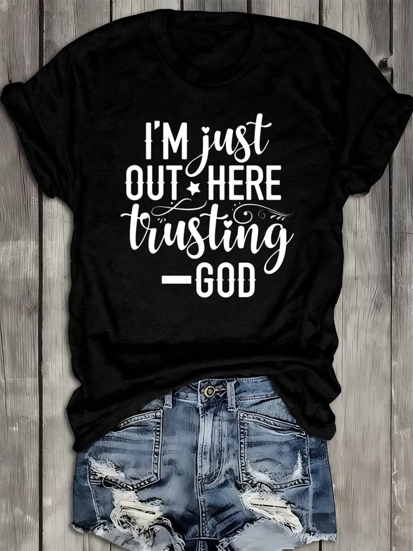 100% Cotton Heavyweight Graphic T-Shirt, Black Vintage Streetwear "I'm Out Here Trusting God" Faith Religious Tee 180GSM For Everyday Wear