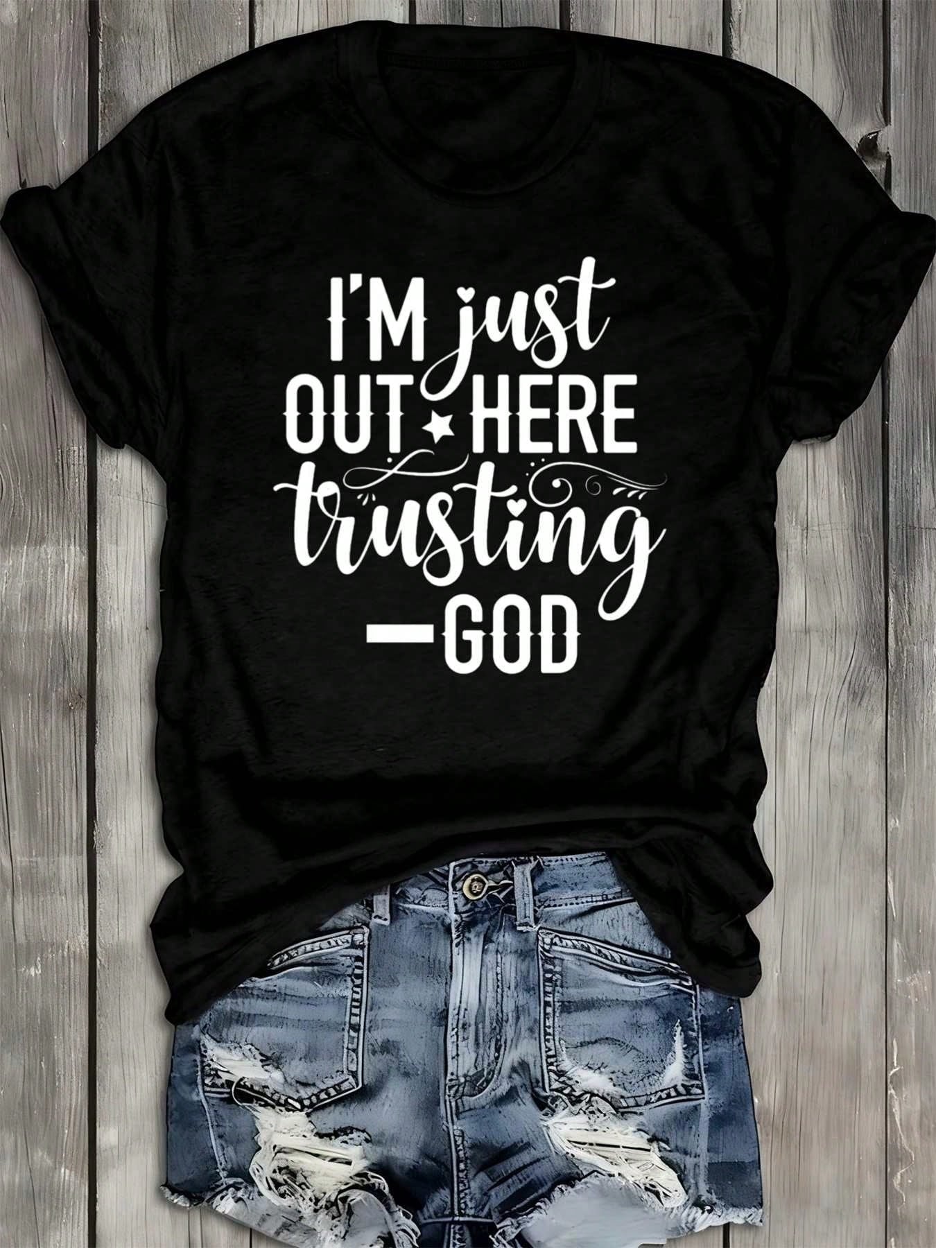 100% Cotton Heavyweight Graphic T-Shirt, Black Vintage Streetwear "I'm Out Here Trusting God" Faith Religious Tee 180GSM For Everyday Wear