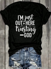 100% Cotton Heavyweight Graphic T-Shirt, Black Vintage Streetwear "I'm Out Here Trusting God" Faith Religious Tee 180GSM For Everyday Wear
