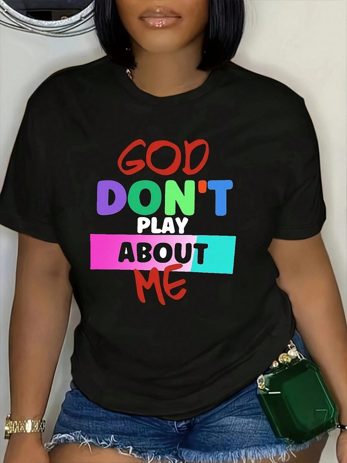 Women'S "God Don't Play With Me" Graphic T-Shirt - Multicolor Letter Print (Pink, Orange, Green, Yellow)