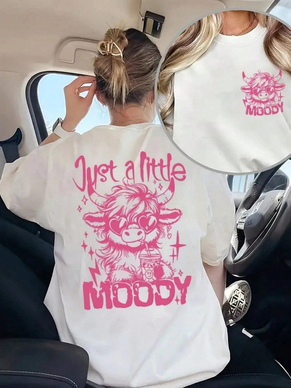 Women'S Graphic T-Shirt - Cute Cow & JUST A LITTLE MOODY Text Back Print - Relaxed Fit Everyday Casual Tee