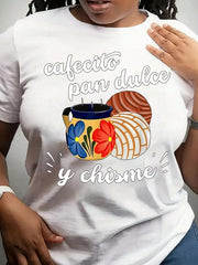 Women'S Mexican Hispanic Pride Cafecito Pan Dulce Y Chisme Graphic T-Shirt Black Short Sleeve Round Neck Casual Top With Vibrant Breakfast Design