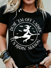 Women'S Witch & Broomstick Graphic T-Shirt - With Witch & Broomstick Print, Short Sleeve Crew Neck Casual Top For Halloween, Spring Summer