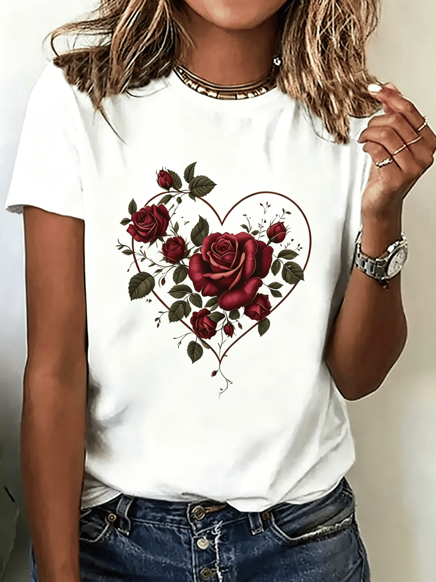 Women Soft Cotton Crew Neck Short Sleeve T-Shirt, Romantic Red Rose Heart Floral Graphic Tee, Machine Washable Casual All Season Top for Valentine’s Day Party Daily Outfits