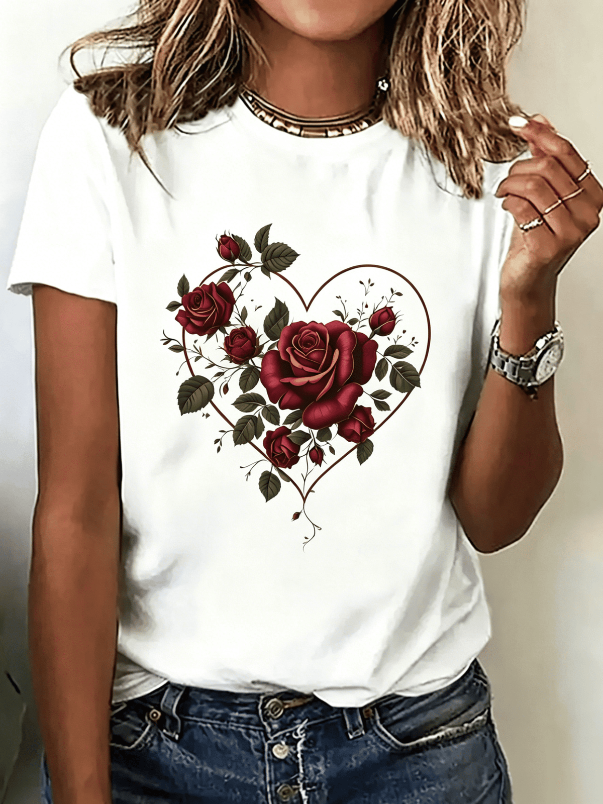 Women Soft Cotton Crew Neck Short Sleeve T-Shirt, Romantic Red Rose Heart Floral Graphic Tee, Machine Washable Casual All Season Top for Valentine’s Day Party Daily Outfits