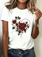 Women Soft Cotton Crew Neck Short Sleeve T-Shirt, Romantic Red Rose Heart Floral Graphic Tee, Machine Washable Casual All Season Top for Valentine’s Day Party Daily Outfits