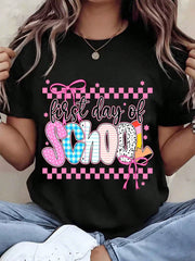 Women T Shirt First Day Of School Printed Design With Pink Bow And Checkered Pattern Crew Neck Tee