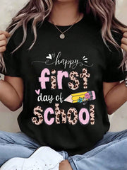 Women T Shirt Happy First Day Of School Leopard Print And Pencil Graphic Round Neck Casual Top For Back To School Season Gift
