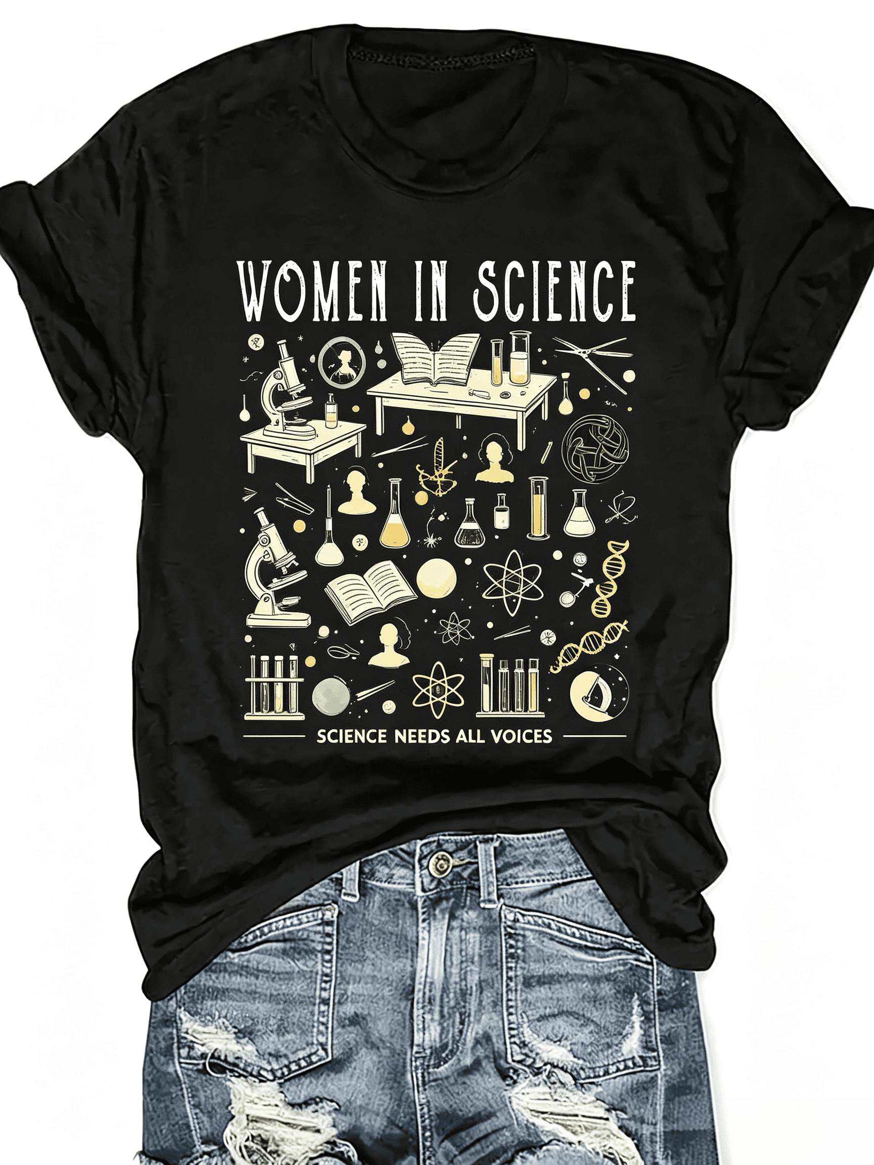 Women Women In Science Graphic T-Shirt, Vintage Lab Equipment DNA Atom Print Crew Neck Short Sleeve Casual Summer Tee