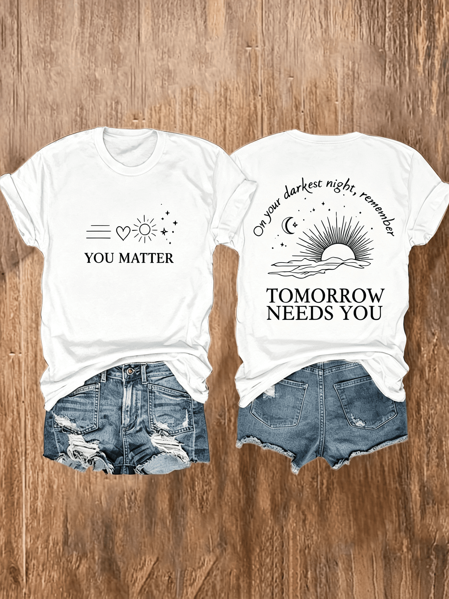 Women You Matter Front Back Graphic Tee, Mental Health Positive Quote Sun Moon Sunrise Print Crew Neck Casual Summer T-Shirt