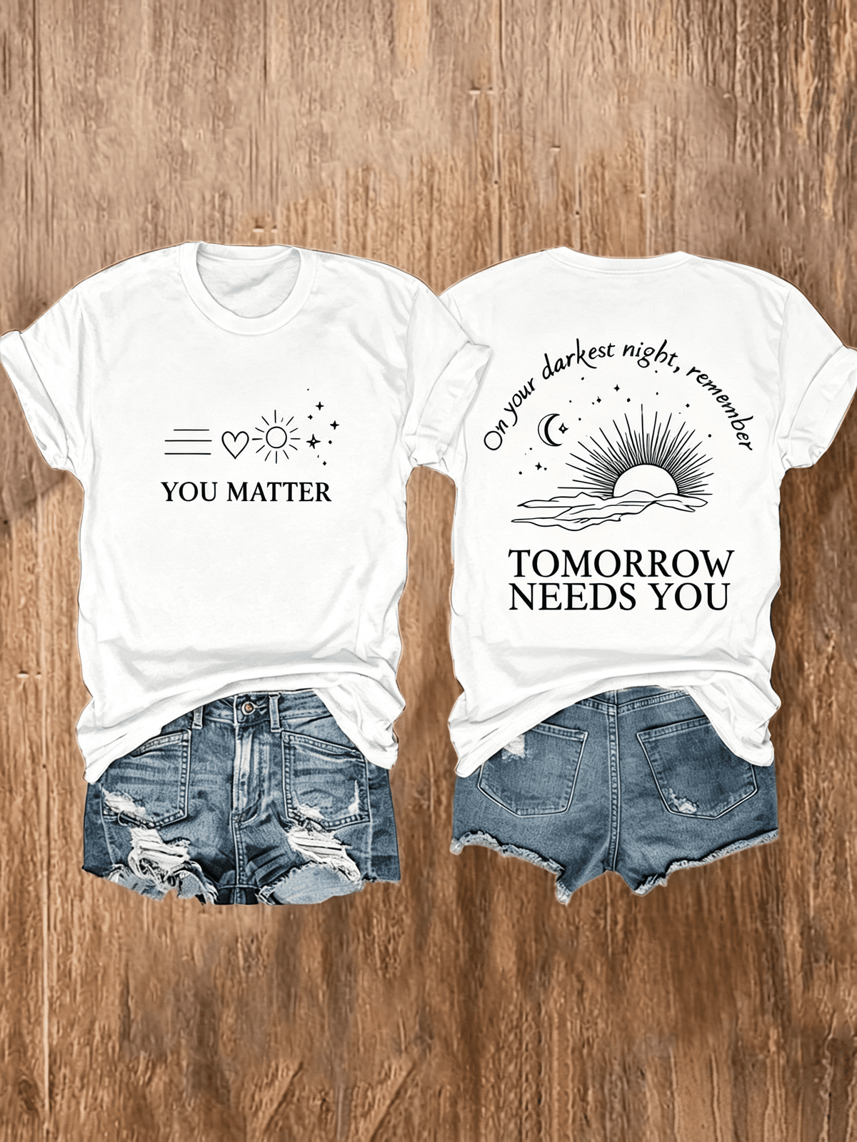 Women You Matter Front Back Graphic Tee, Mental Health Positive Quote Sun Moon Sunrise Print Crew Neck Casual Summer T-Shirt