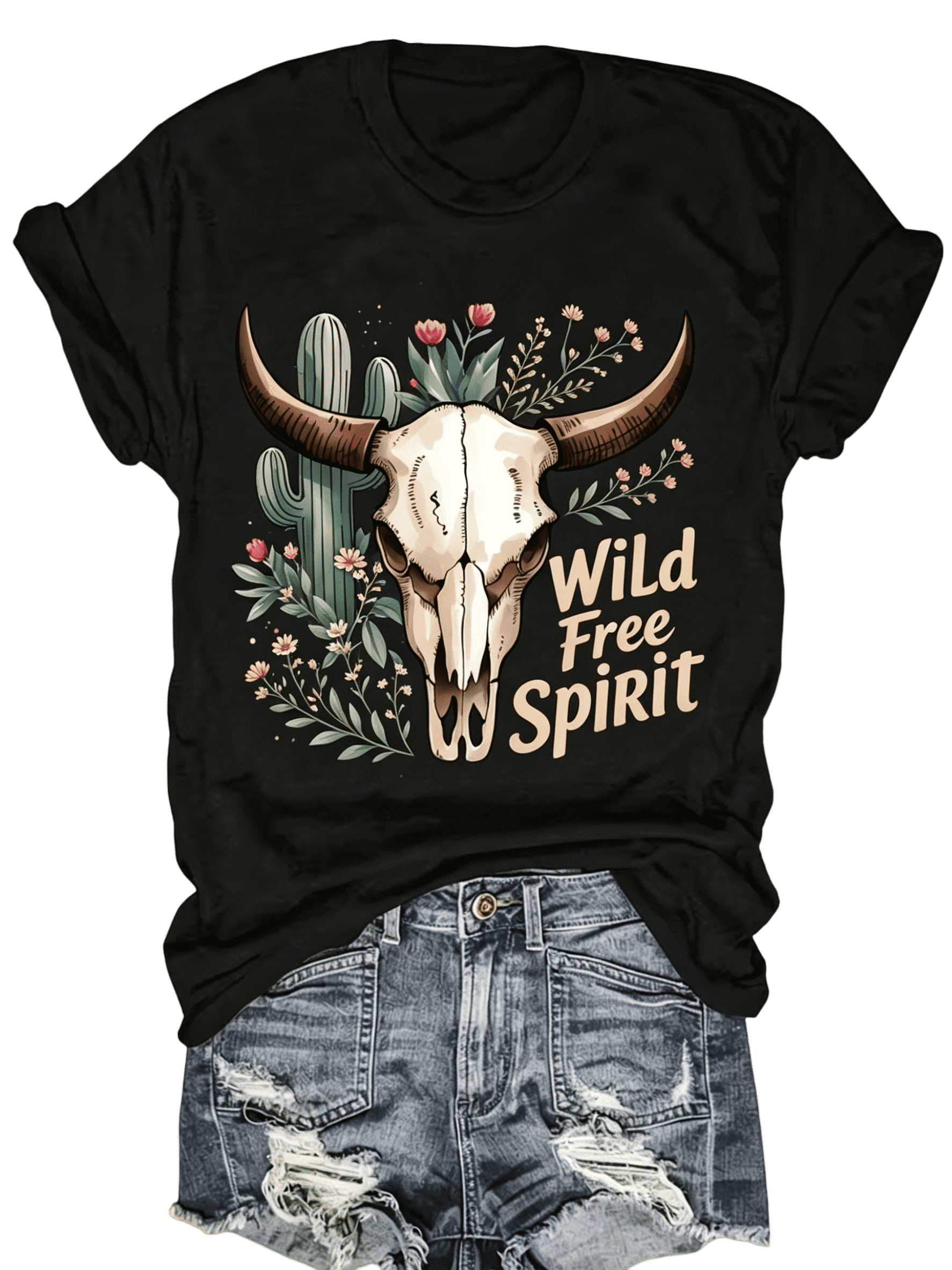 Women's 100% Cotton Crew Neck Black Short Sleeve T-Shirt, Wild Free Spirit Western Cow Skull Cactus Graphic Tee, Soft Fade Resistant Casual Top for Country Concert Daily Outdoor Wear