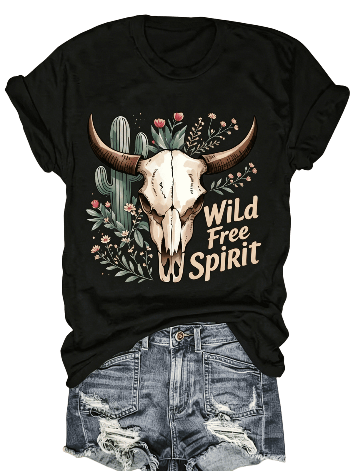 Women's 100% Cotton Crew Neck Black Short Sleeve T-Shirt, Wild Free Spirit Western Cow Skull Cactus Graphic Tee, Soft Fade Resistant Casual Top for Country Concert Daily Outdoor Wear