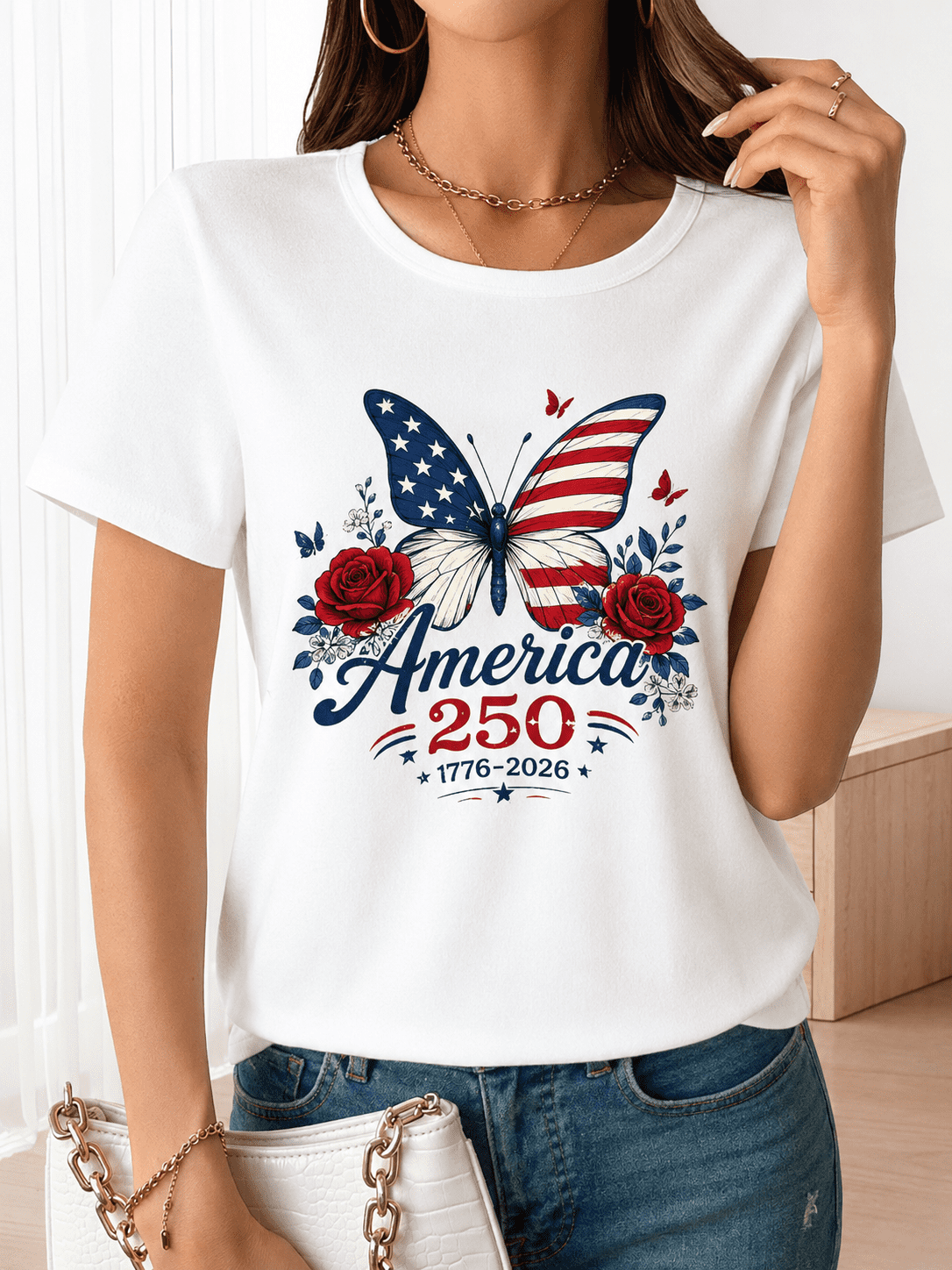 Women's America 250 Patriotic Butterfly Graphic T-Shirt, Independence Anniversary Short Sleeve Crew Neck Casual Summer Tee