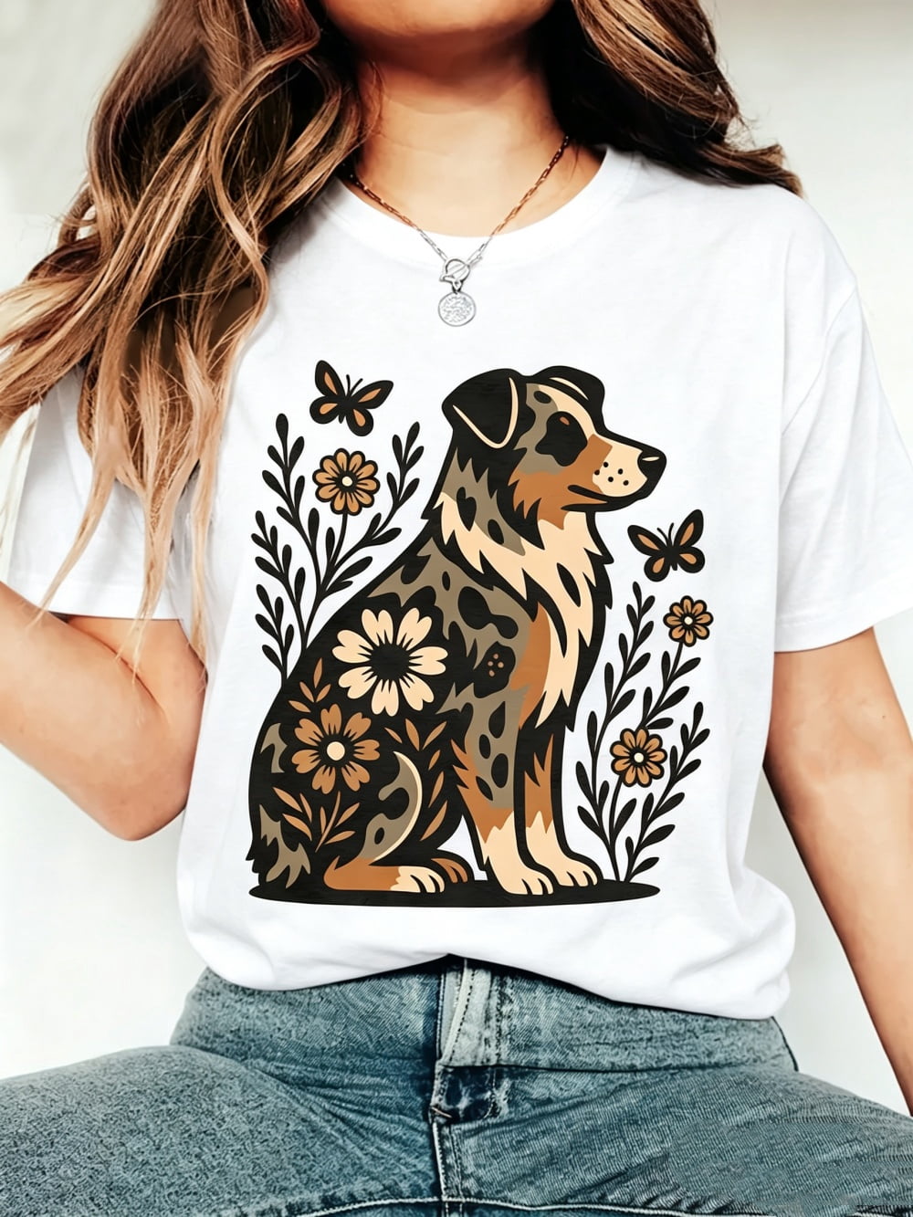 Women's Australian Shepherd Floral Butterfly Graphic T-Shirt Vintage Dog Wildflower Casual Summer Tee