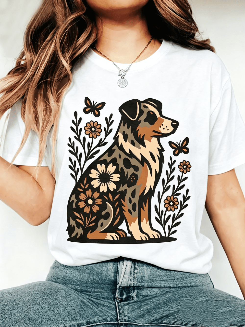 Women's Australian Shepherd Floral Butterfly Graphic T-Shirt Vintage Dog Wildflower Casual Summer Tee