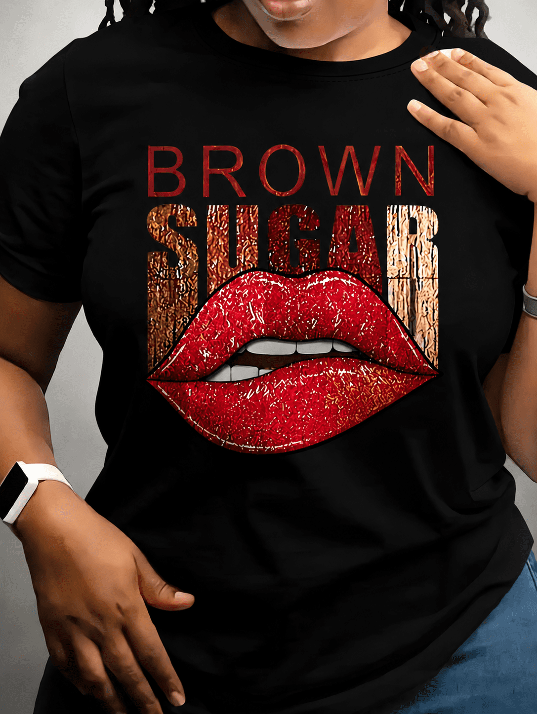 Women's Black Graphic T Shirt, Brown Sugar Red Lips Print Tee, Fashion Casual Short Sleeve Shirt, Trendy Beauty Lover Gift Top