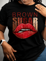 Women's Black Graphic T Shirt, Brown Sugar Red Lips Print Tee, Fashion Casual Short Sleeve Shirt, Trendy Beauty Lover Gift Top