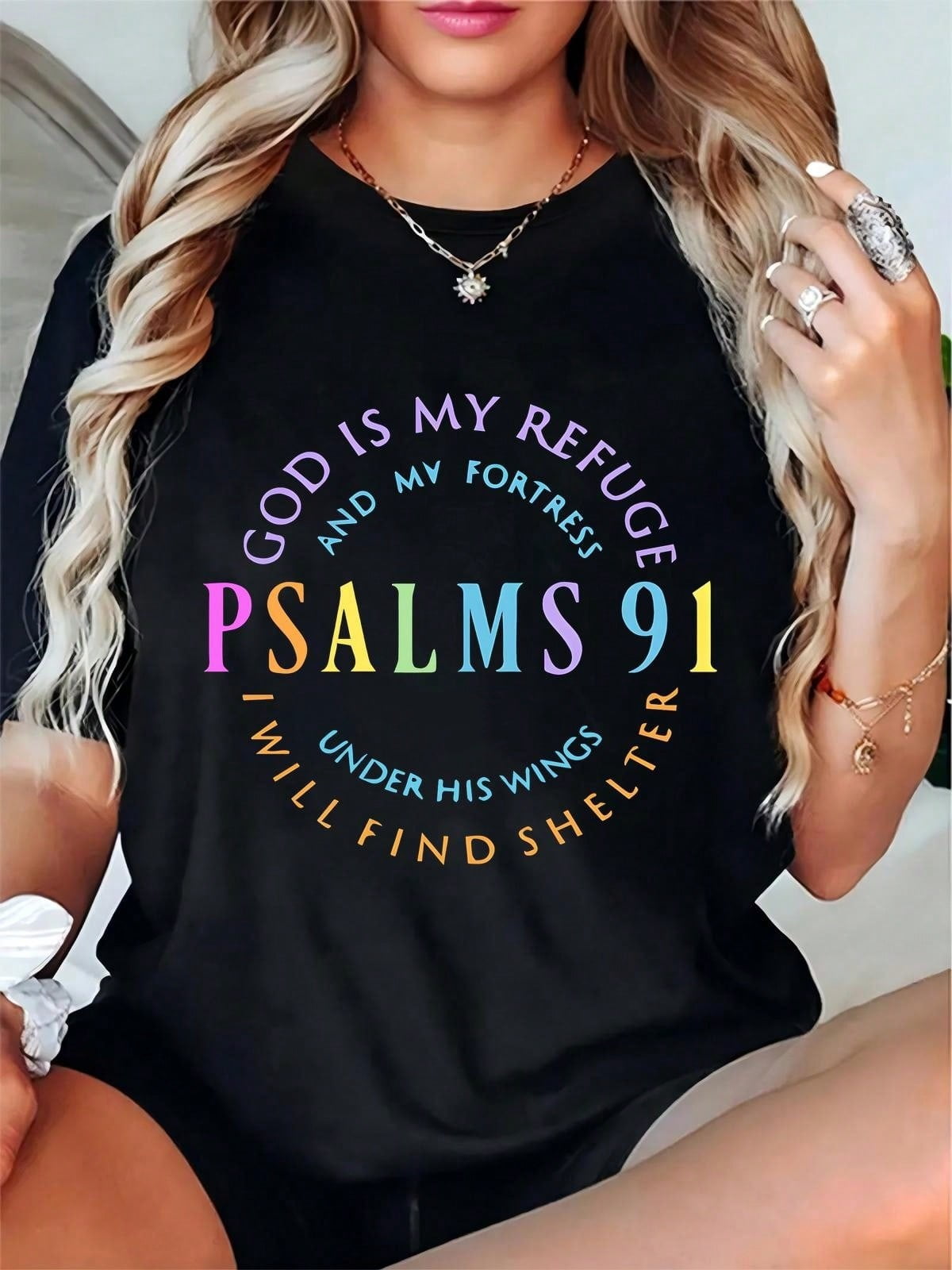 Women's Black T-Shirt With Colorful Religious Psalm 91 Text, Christian Faith Casual Tee For Church, Daily Wear