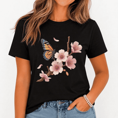 Women's Butterfly Cherry Blossom Graphic Tee Floral Spring Casual T-Shirt