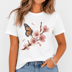 Women's Butterfly Cherry Blossom Graphic Tee Floral Spring Casual T-Shirt