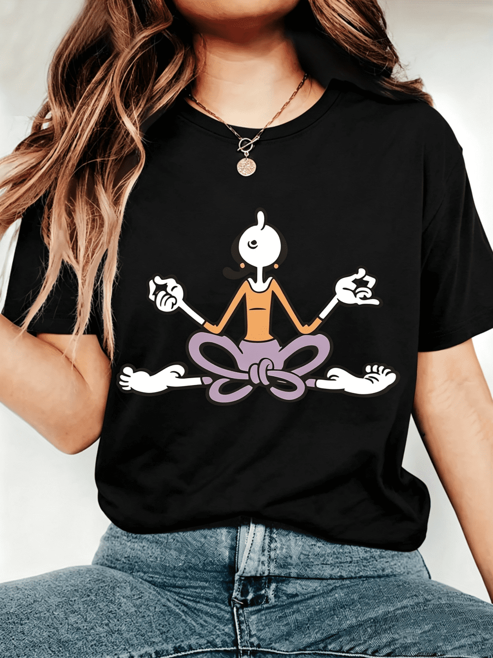Women's Cartoon Yoga Girl Graphic T-Shirt Funny Meditation Character Casual Summer Tee