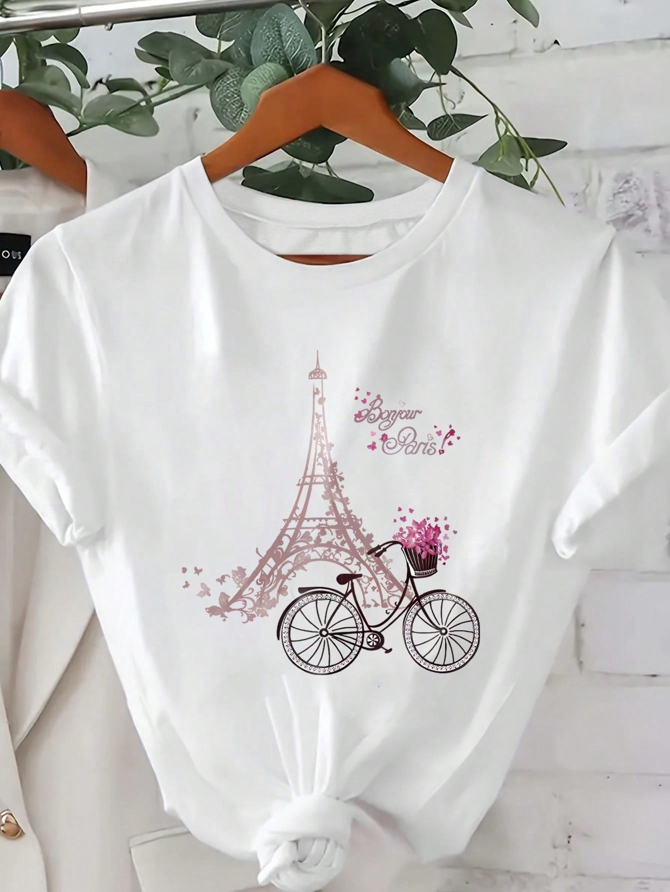 Women's Casual Round Neck Short Sleeve T-Shirt Bonjour Paris Graphic Tees Women Tops