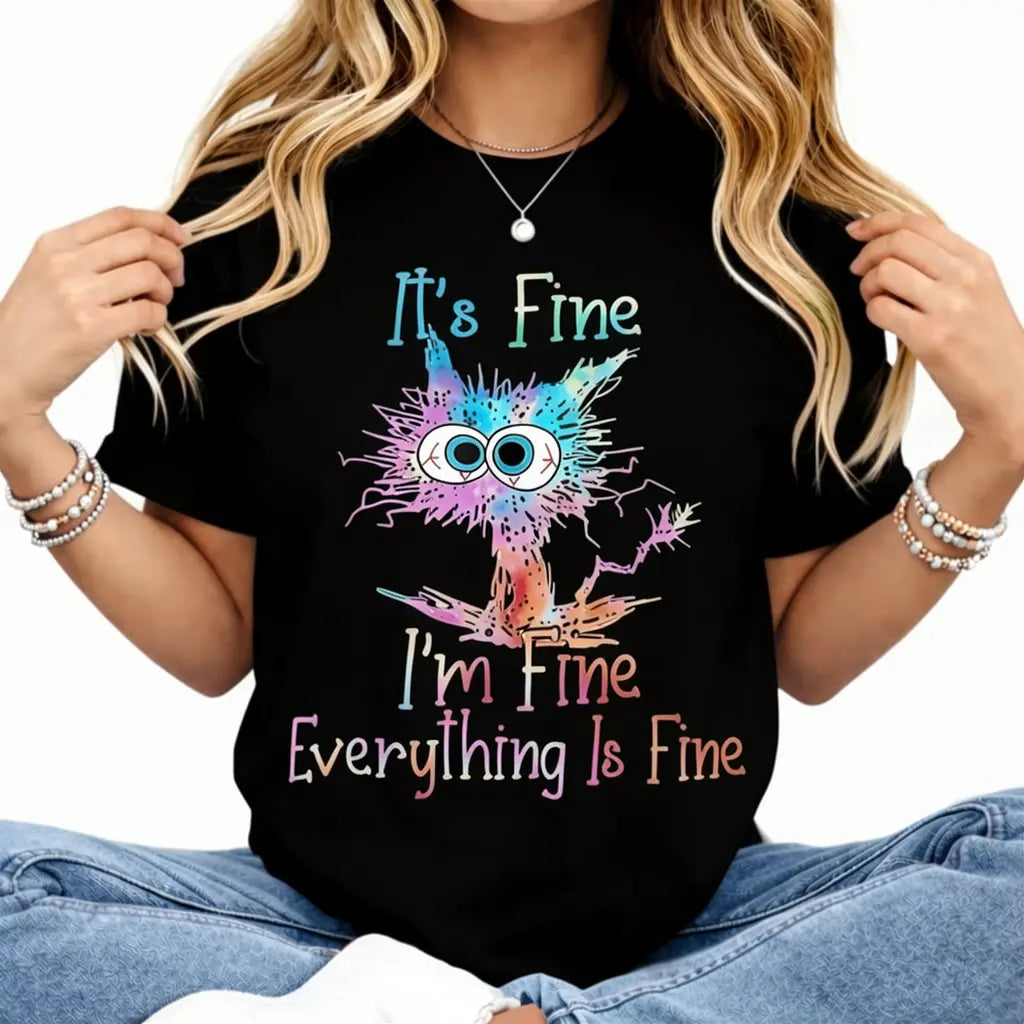 Women's Casual Short Sleeve Round Neck T-Shirt - Black Cat "It's All Okay" Quote Top, Lightweight Everyday Fit Comfortable Fabric summerwins