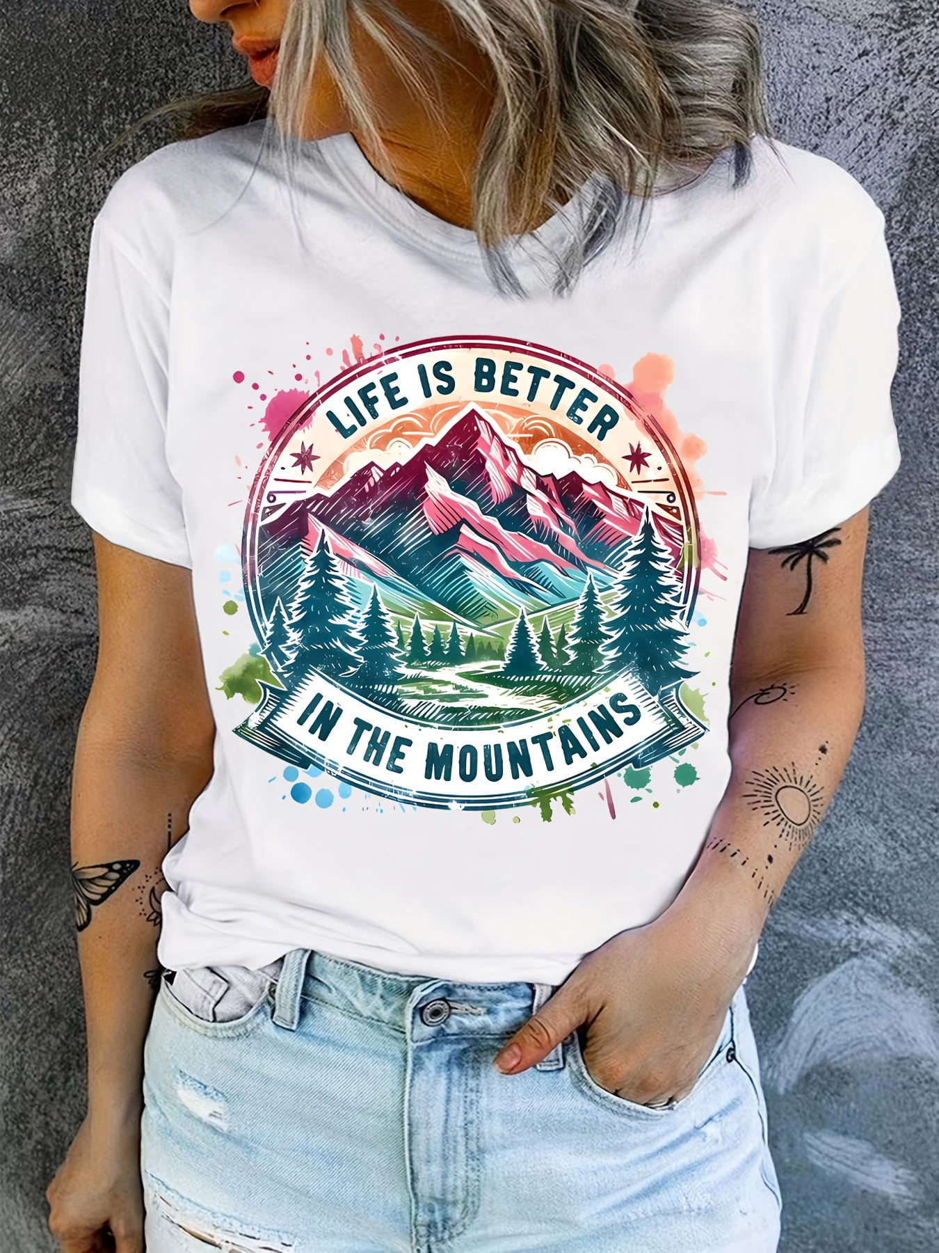 Women's Casual Short Sleeve T-Shirt - "Life Is Better In The Mountains" Graphic Print, Vibrant Mountain Landscape Design