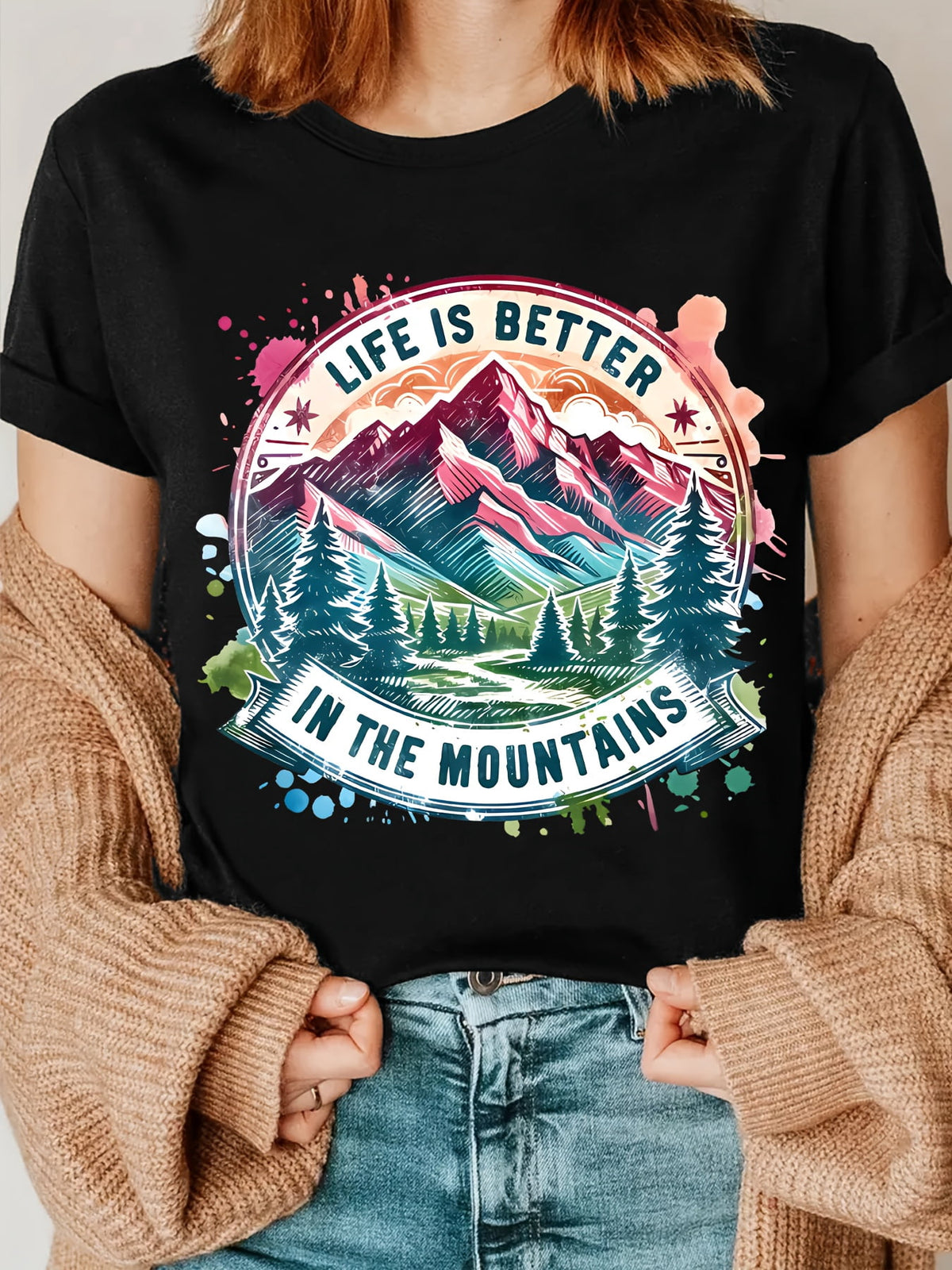 Women's Casual Short Sleeve T-Shirt - "Life Is Better In The Mountains" Graphic Print, Vibrant Mountain Landscape Design