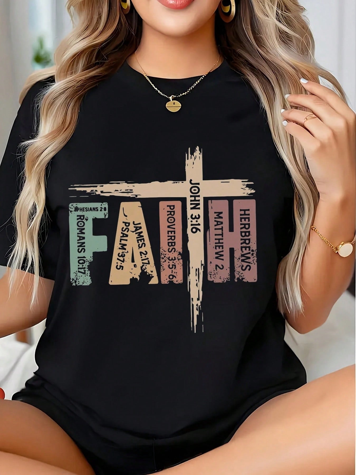 Women's Christian Cross Graphic T-Shirt, KJV Bible Verse Faith Casual Tee, 220g Spiritual Religious Wear