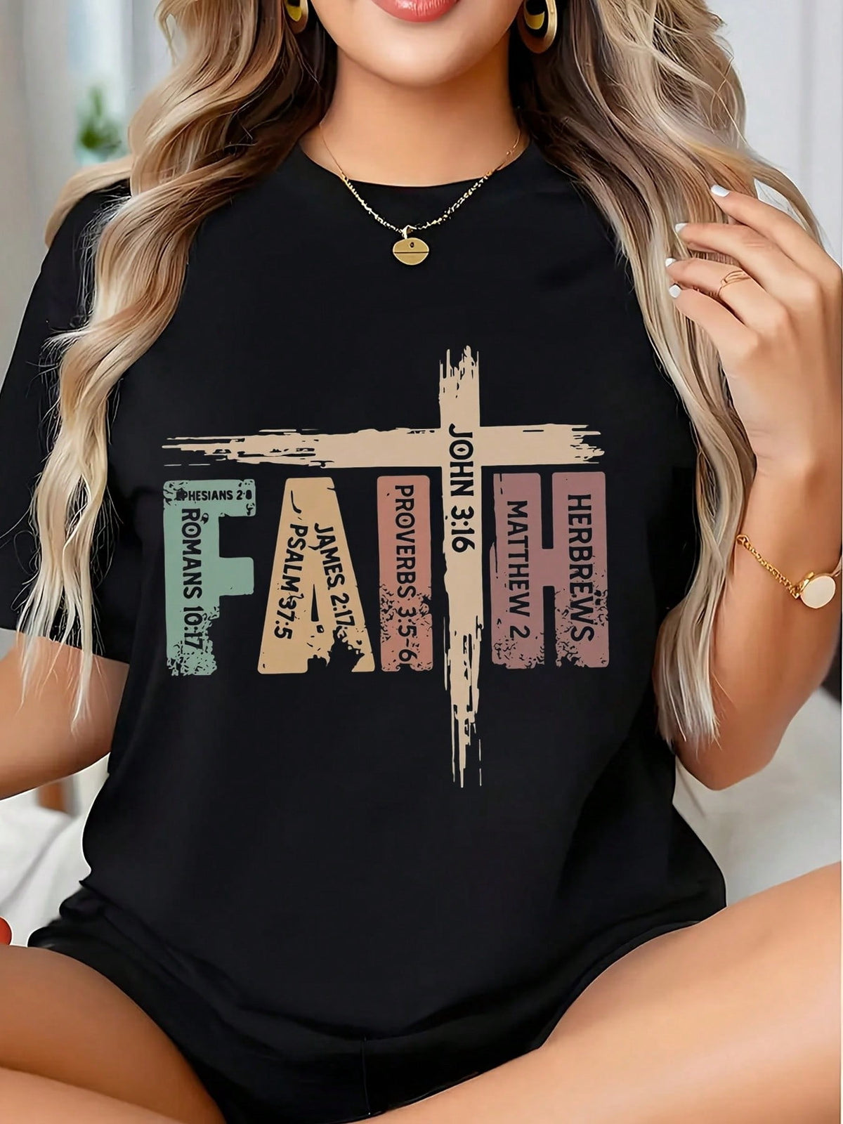 Women's Christian Cross Graphic T-Shirt, KJV Bible Verse Faith Casual Tee, 220g Spiritual Religious Wear