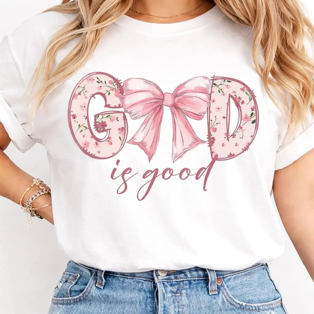 Women's Christian Faith God Is Good Pink Bow Floral Letter Graphic T-Shirt