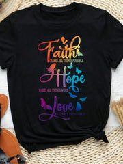 Women's Clothing Faith Hope Love Print Black TShirt, Shirts, White Top, Graphic Tees Women, Unisex Casual Crew Neck Tshirt, Lightweight