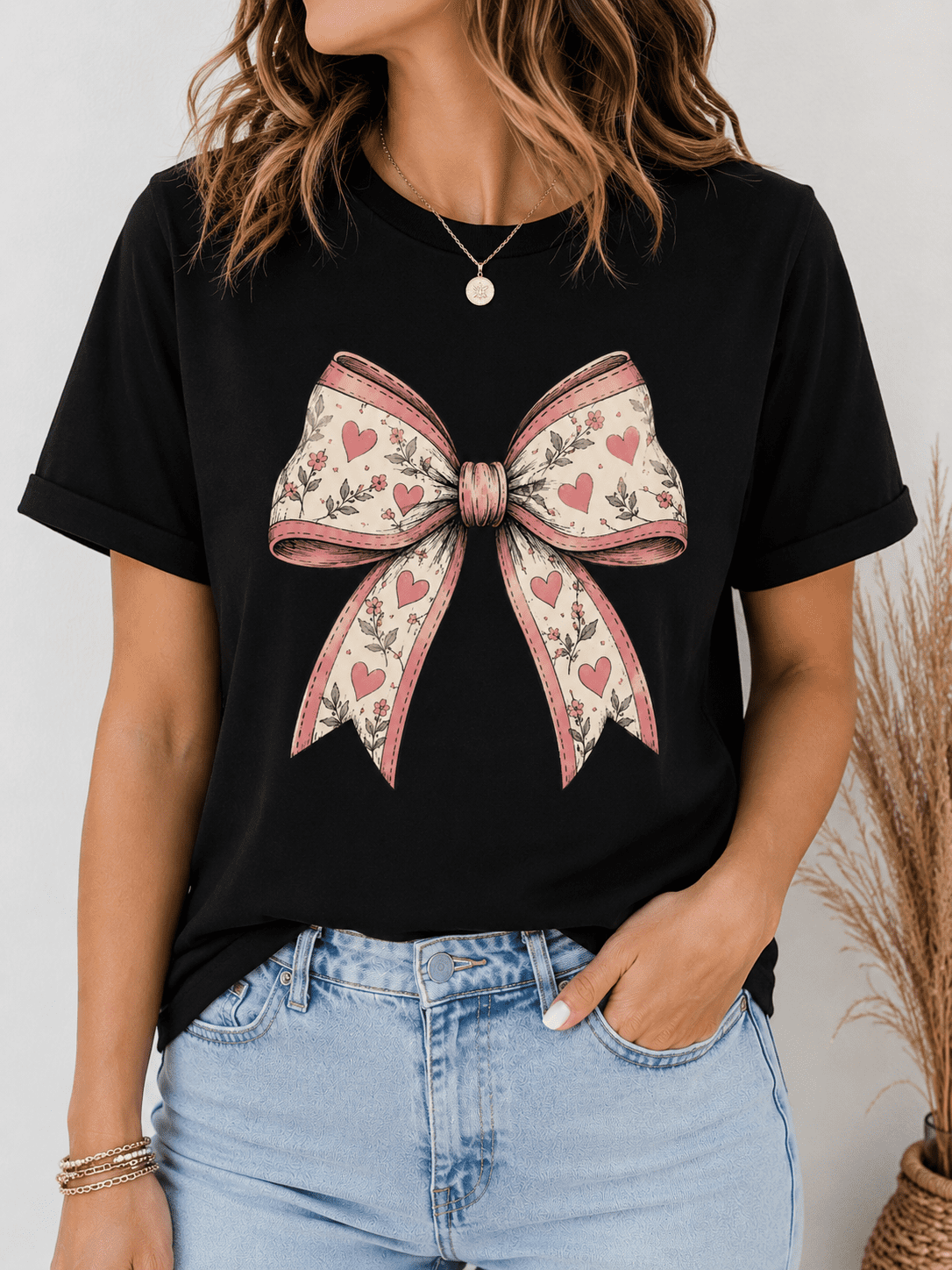 Women's Coquette Bow Graphic T-Shirt, Pink Floral Heart Ribbon Print Casual Crew Neck Short Sleeve Summer Tee