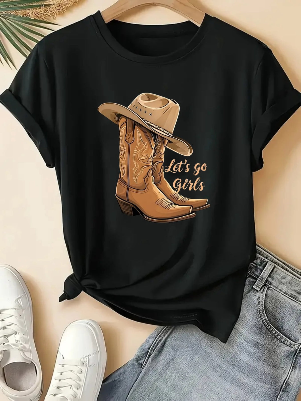 Women's Cowboy Boots & Hat Monogram Print T-Shirt - Western Style Short Sleeve Top Suitable for Spring Summer Fall Casual Wear