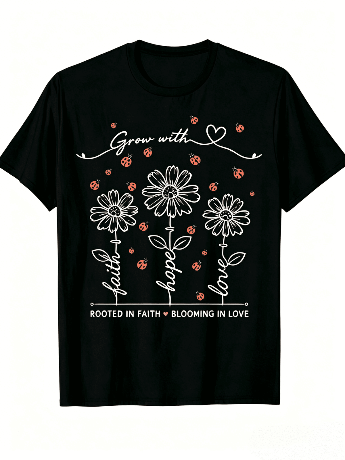 Women's Crew Neck Short Sleeve T-Shirt, Minimal Daisy Ladybug Faith Hope Love Inspirational Graphic Tee, Soft Lightweight Casual Pullover Top, Relaxed Fit Spring Summer Daily Wear, Religious Motivati