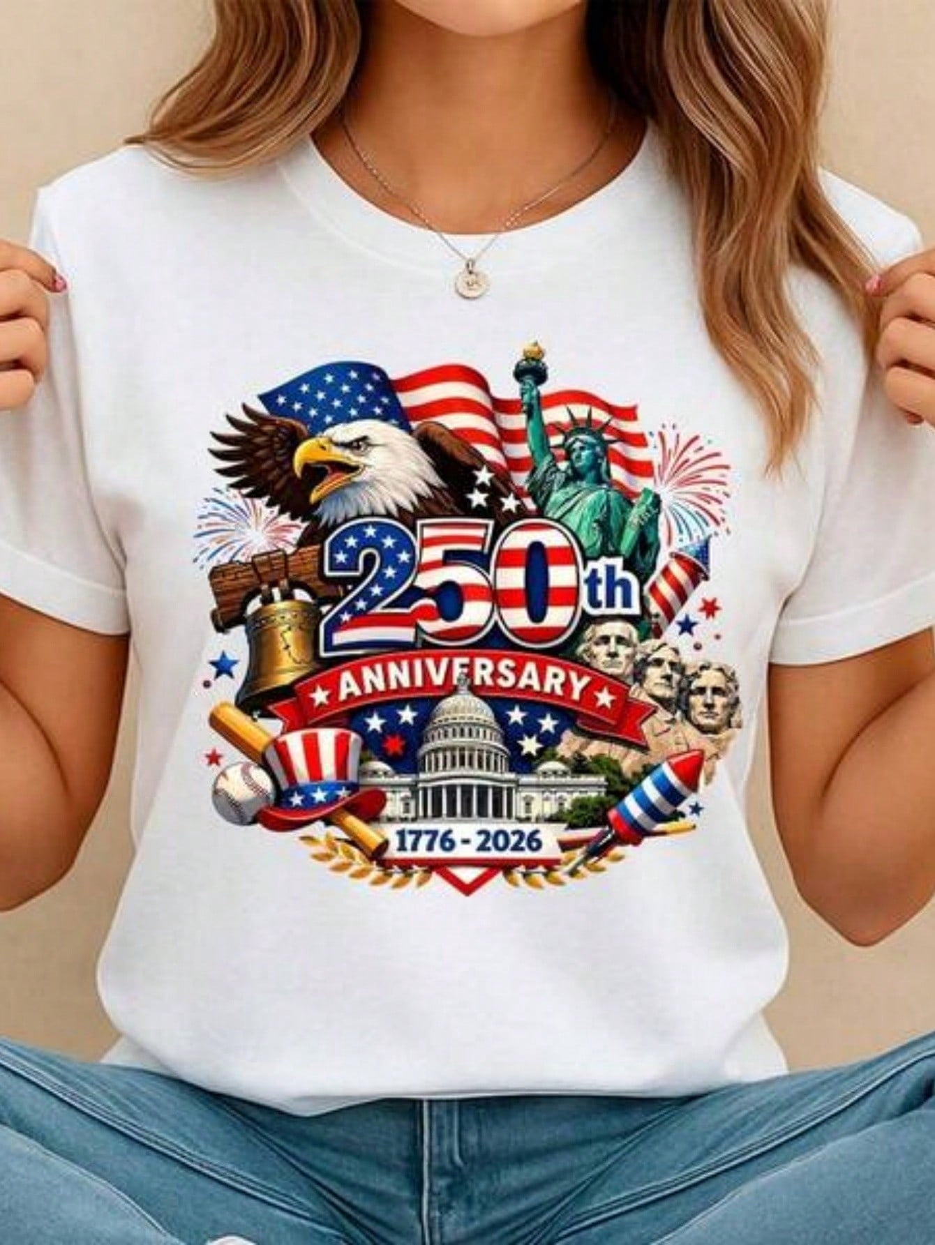 Women's Crew Neck Summer Tee USA 250th Anniversary Patriotic Print Regular Fit Top
