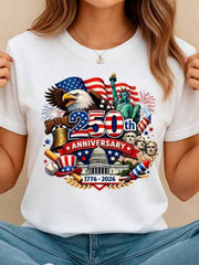 Women's Crew Neck Summer Tee USA 250th Anniversary Patriotic Print Regular Fit Top