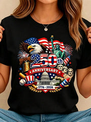Women's Crew Neck Summer Tee USA 250th Anniversary Patriotic Print Regular Fit Top
