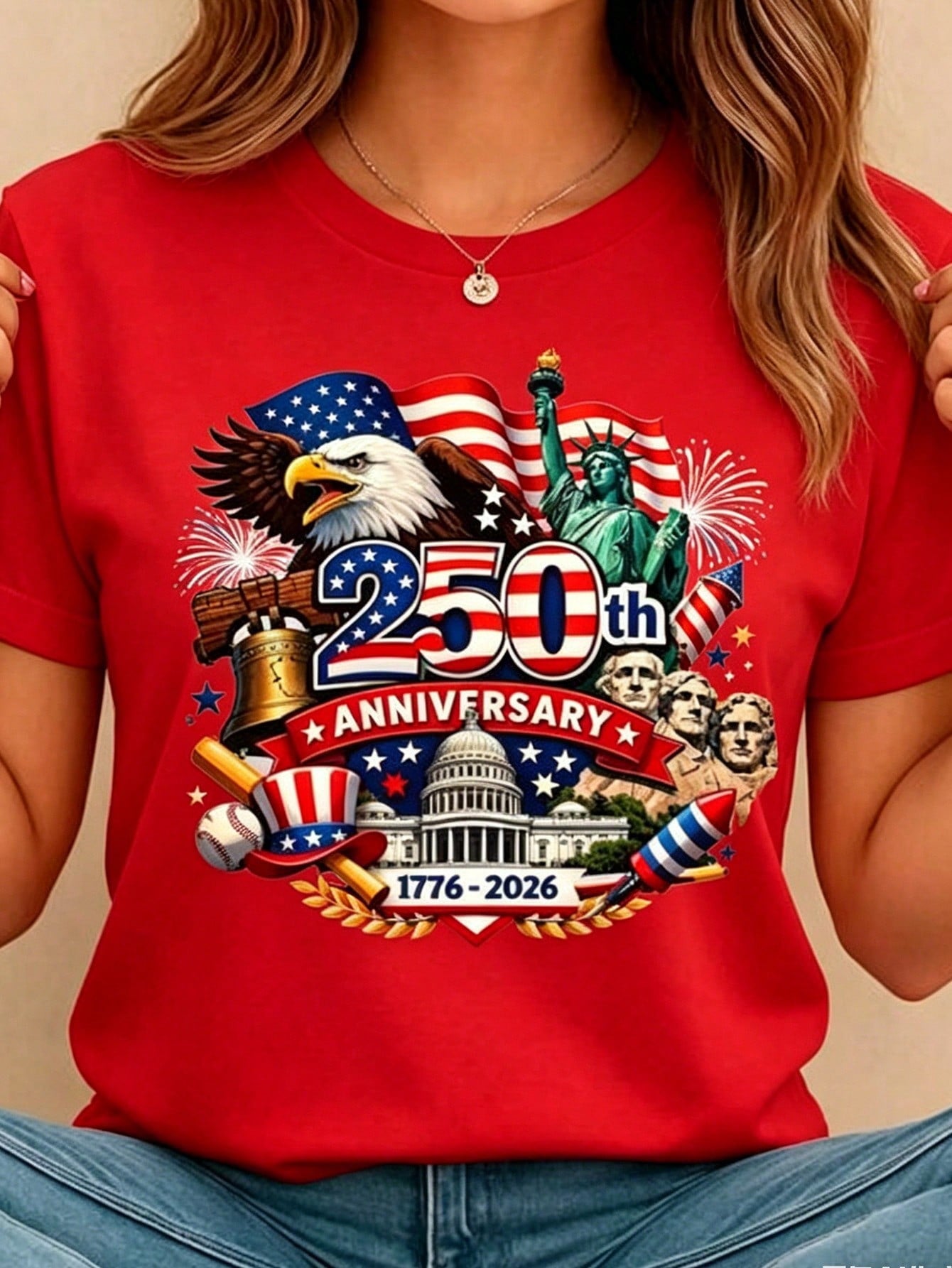 Women's Crew Neck Summer Tee USA 250th Anniversary Patriotic Print Regular Fit Top