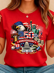 Women's Crew Neck Summer Tee USA 250th Anniversary Patriotic Print Regular Fit Top