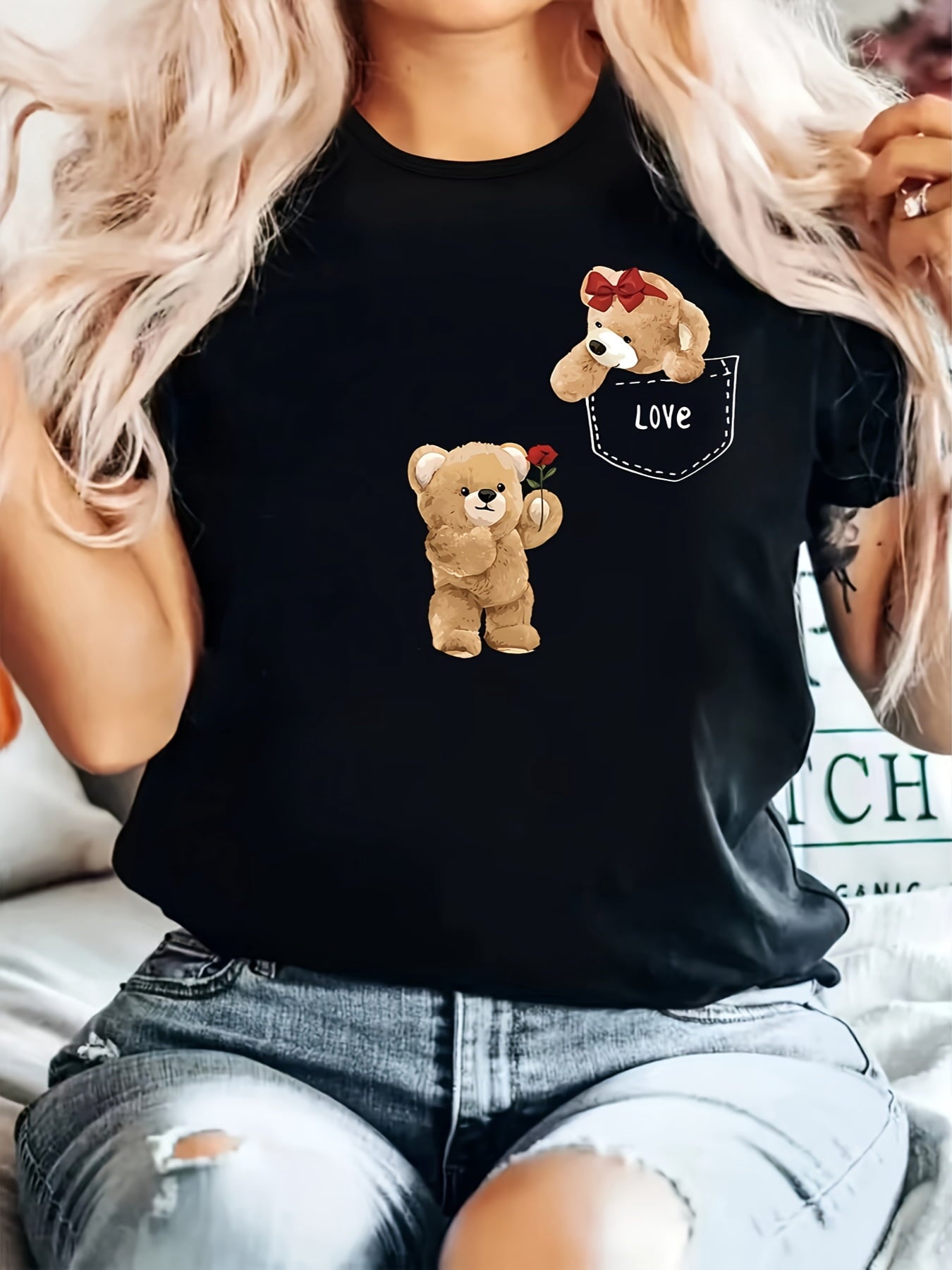 Women's Cute Black Teddy Bear "LOVE" Graphic T-Shirt – Soft Crew Neck Short-Sleeve Casual Top