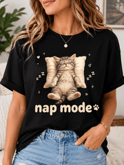 Women's Cute Cat Graphic T-Shirt, Sleepy Kitten Nap Mode Print Tee, Casual Short Sleeve Crew Neck Shirt, Funny Pet Lover Top
