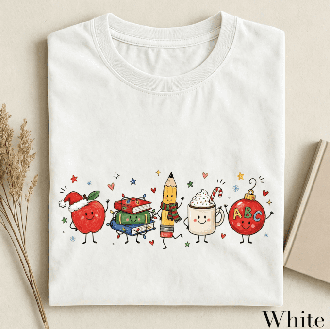 Women’s Cute Christmas Teacher Graphic T‑Shirt, Festive Classroom Holiday Crew Neck Short‑Sleeve Casual Tee with School Character Print