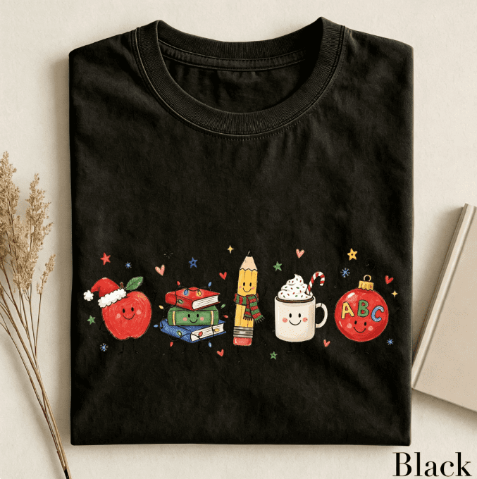 Women’s Cute Christmas Teacher Graphic T‑Shirt, Festive Classroom Holiday Crew Neck Short‑Sleeve Casual Tee with School Character Print