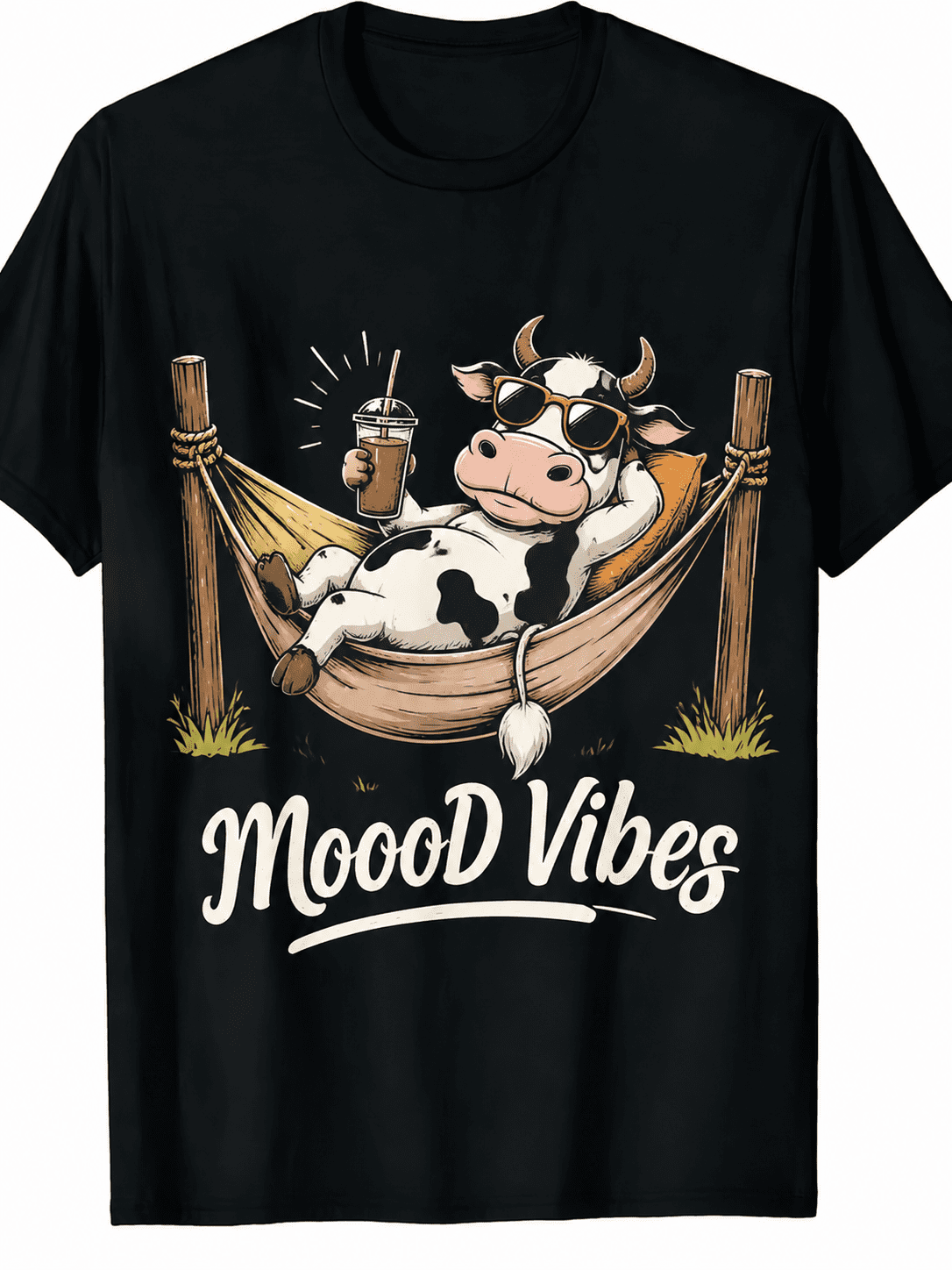 Women's Cute Cow Graphic T Shirt, Funny Relaxing Cow Hammock Print Short Sleeve Crew Neck Casual Summer Top