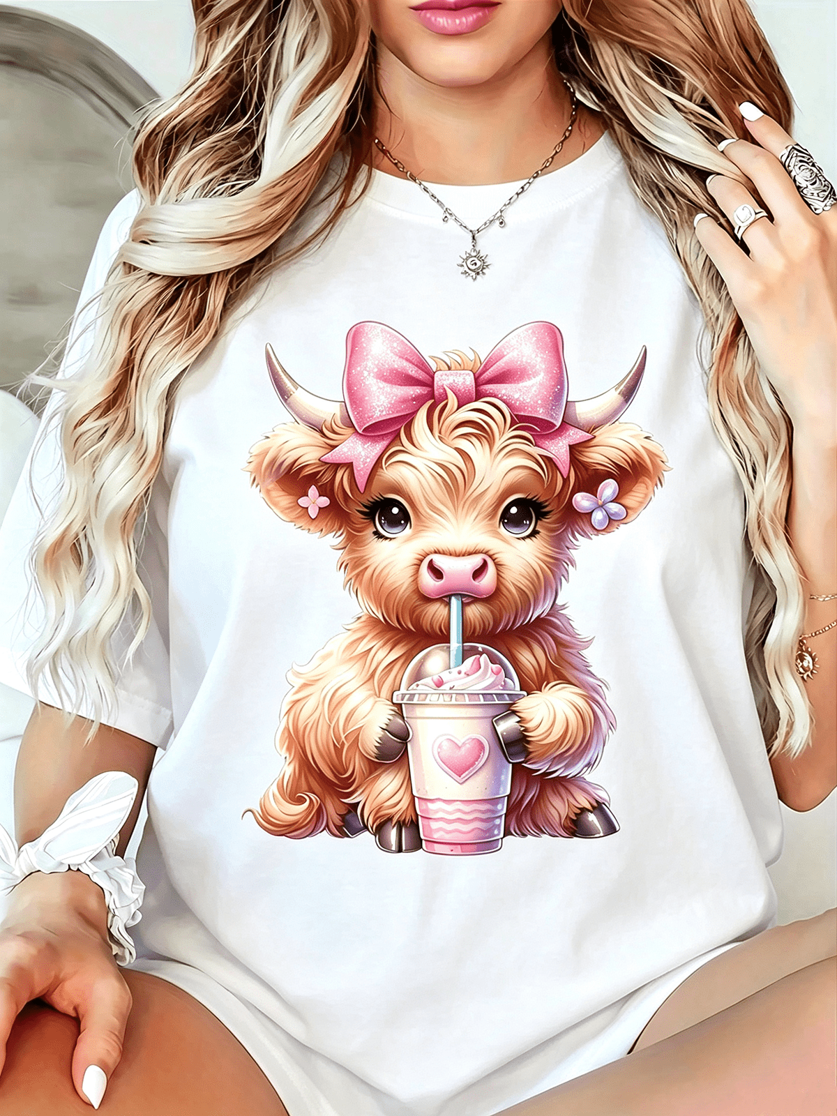 Women’s Cute Highland Cow Boba Milk Tea Graphic T-Shirt Pink Glitter Bow Western Country Coquette Short Sleeve Casual Tee